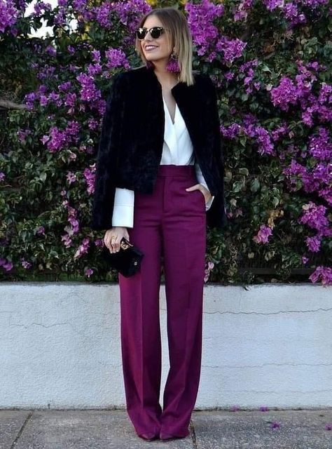 Magenta Dress Pants, Magenta Top Outfit, Magenta Outfits, Light Pink Pants, Color Blocking Outfits, Cool Winter, Color Combinations For Clothes, Purple Pants, Mode Boho