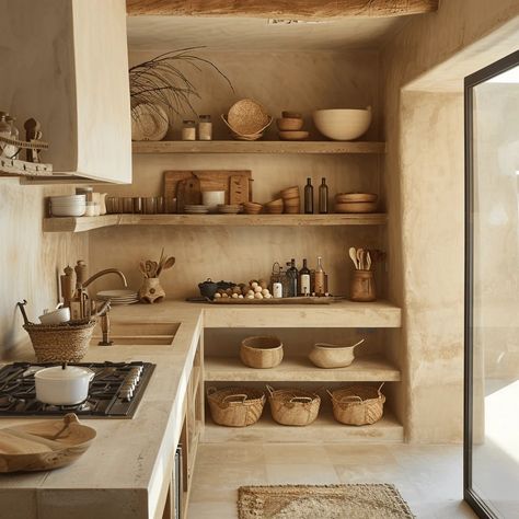 Berber Interior Design, Taupe Countertops, Comforting Hug, Earthy Kitchen, Taupe Kitchen, Wabi Sabi Interior, Casa Container, Woven Baskets, Kitchen Stories