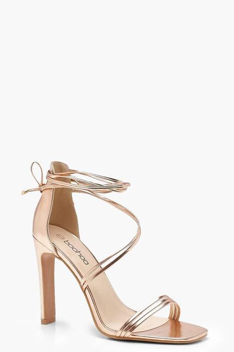 boohoo Wrap Strap Slim Block Heels,rose gold Xv Shoes, Hoco Heels, Prom Pumps, Rose Gold Heels, Heels Collection, Prom Heels, Open Toe High Heels, Cute Heels, Wedding Heels