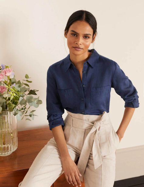 Linen Shirt - Navy Linen Shirt Work Outfit, Navy Blue Linen Shirt Outfit Women, Navy Linen Shirt Outfit Women, Navy Blue Shirt Outfits, Navy Blue T Shirt Outfit, Navy Shirt Outfit Woman, Navy Blouse Outfit, Blue Long Sleeve Shirt Outfit, Blue Linen Shirt Outfit Women