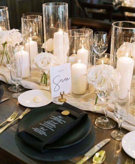 White Wedding Centerpieces, Black And White Wedding Theme, White Wedding Theme, Wedding Venue Decorations, Black White Wedding, Wedding Reception Tables, Glam Wedding, Wedding Mood Board, Wedding Table Settings