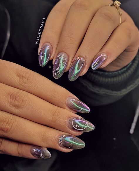 Lost Lands Nails, Aurora Borealis Nails, Crystal Inspired Nails, Galactic Nails, Bohemian Nails, Cosmic Nails, Yellow Nail Art, Aurora Nails, Eye Nail Art