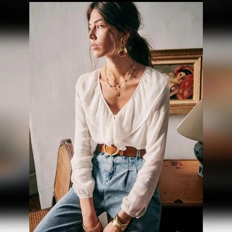 Sezane | Tops | Sezane Priscille Blouse | Poshmark Sezane Blouse, Bohemian Tops, Moda Boho, Looks Style, Blue Jean, Parisian Style, Blue Jeans, Chic Style, Outfit Inspirations