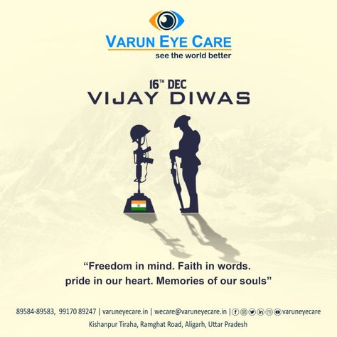 Vijay Diwas is celebrated on December 16 to commemorate the victory of the Indian Armed Force in the 1971 Ind-Pak war. Vijay Diwas #vijaydiwas #varuneyecare #besteyeclinicinaligarh #aligarh #superspecialityeyecare #besteyecarehospital Vijay Diwas Creative Ads, Vijay Diwas 16 December, Vijay Diwas, Fashion Magazine Layout, 16 December, Direction Quotes, Care Hospital, Creative Ads, Magazine Layout