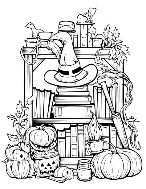 Witch's Library Coloring Page - A detailed library scene showing a witch’s collection of magical books, potions, and artifacts. Halloween Coloring Pages Free Printable, Halloween Coloring Pages For Adults, Library Scene, Zicxa Photos, Halloween Coloring Pages For Kids, Magical Books, Coloring Stuff, Free Halloween Coloring Pages, Witch Coloring Pages