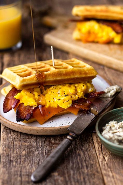 Waffle Breakfast Sandwich with Peppered Maple Bacon - Modern Farmhouse Eats Waffle Breakfast Sandwich, Waffle Sandwich Recipe, Homemade Breakfast Burritos, Waffle Sandwich Breakfast, Baked Fish Tacos, Waffle Breakfast, Bacon Waffles, Bagel Breakfast Sandwich, Cilantro Lime Slaw