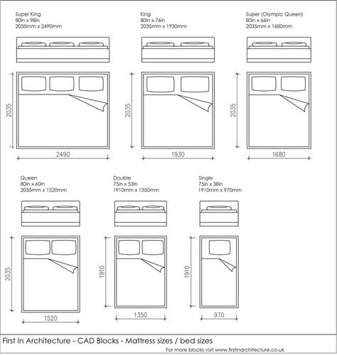 Free CAD Blocks – Bed and mattress sizes in both mm and inches Dominican Memes, Floor Plan Symbols, Plan Furniture, Beautiful Bed Designs, Cat Furniture Design, Simple Bed Designs, Human Dimension, Furniture Design Sketches, Mattress Bed