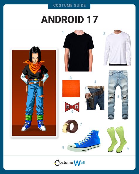 A cosplay guide to dress like the cyborg, Android 17, from the classic manga comic Dragonball Z. Anime Cosplay Ideas For Men, Easy Cosplay Men, Cosplay Ideas For Men, Male Cosplay Ideas, Cosplay Ideas Men, Disfraz Simple, Cosplay Simple, Dragon Ball Cosplay, Men Costume Ideas