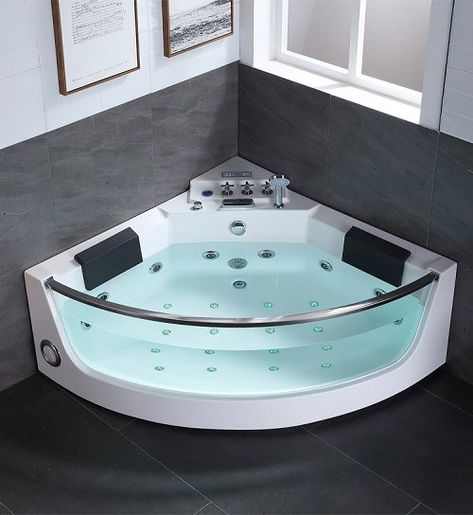 Bathtub Jacuzzi, Glass Bathtub, Jacuzzi Spas, Wooden Sofa Set Designs, Bathroom Shower Design, Grab Bars In Bathroom, Corner Tub, Whirlpool Bath, Bathtub Design