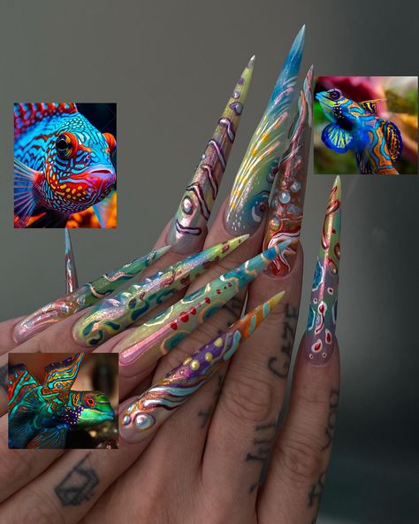 Nail set that made my brain explode a little 😅 inspired by tropical fish patterns and boosted by interdimensional rave experiences 😇 #nailartmilano #unghielunghe #unghieextreme #unghiestiletto #unghiemilano Obnoxious Nails, Doing Nails Aesthetic, Brain Nails, Extra Nails Designs, Octopus Nail Art, Extreme Nail Art, Eccentric Nails, Staleto Nails, Koi Fish Nails