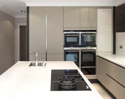 Empty kitchen with cooktop and sink on island and aluminum cabinets Aluminum Kitchen Cabinets Design, Kitchen With Cooktop, Island With Cooktop, Empty Kitchen, Kitchen Island With Cooktop, Aluminum Kitchen Cabinets, Kitchen Cabinets Design, Aluminum Kitchen, Aluminum Doors