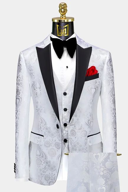 Men's Suits | Gentleman's Guru White And Silver Tuxedo, Latest Suit Styles, Silver Tuxedo, Tuxedo Prom, Prom Tuxedo, Big Men Fashion, Groom And Groomsmen Attire, Timeless Outfits, Wedding Dress Men