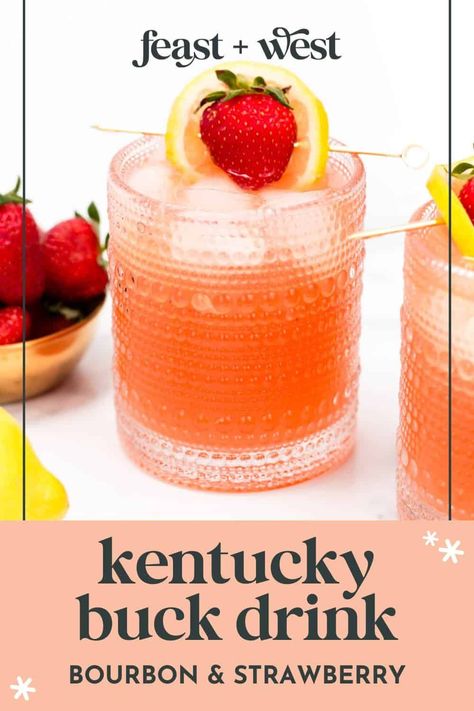 Originating from the heart of bourbon country, the Kentucky Buck combines the rich warmth of whiskey with the zing of ginger beer, the sweetness of fresh berries and the tartness of fresh lemon juice. Learn all about this timeless favorite and how to craft it yourself at home. https://feastandwest.com/2024/04/17/kentucky-buck/ Strawberry Bourbon Cocktail, Kentucky Buck Cocktail, Strawberry Cocktail Recipe, Ginger Beer Drinks, Frozen Drinks Alcohol, Homemade Ginger Ale, Easy Mixed Drinks, Strawberry Simple Syrup, Bourbon Cocktail Recipe