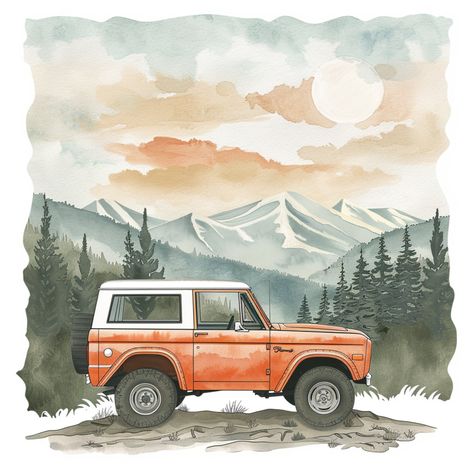 Vintage Bronco Poster, Bronco Painting, Indie Doodles, Bronco Car, Vintage Adventure, Landscape Watercolour, Mountain Backdrop, Classic Ford Broncos, Landscape Digital