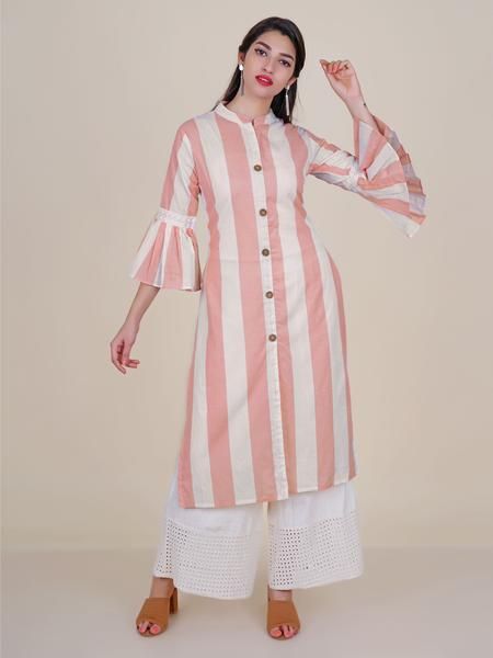 Discover Latest & Trendy Clothing & Accessories like Crochet lace Work Wooden Buttoned Striped Kurti – Sand Pink online in Best Price! Shirt Type Kurti Design, Striped Kurti Design, Kurti Designs Latest Cotton, Long Kurta Designs, Kurta Designs For Women, Kurti Sleeves, Indian Kurti Designs, Kurti Sleeves Design, Pretty Summer Dresses