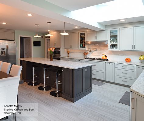 Light Grey Kitchen with Dark Grey Island Cabinets - Omega Dove on upper cabinets Smokey Hills on lower cabinets Dark Grey Island, Kitchen Ideas Grey, Kitchen With Blue Island, Island Kitchen Ideas, Grey Kitchen Interior, Dark Kitchen Ideas, Light Grey Kitchen, Grey Island, Island Cabinets