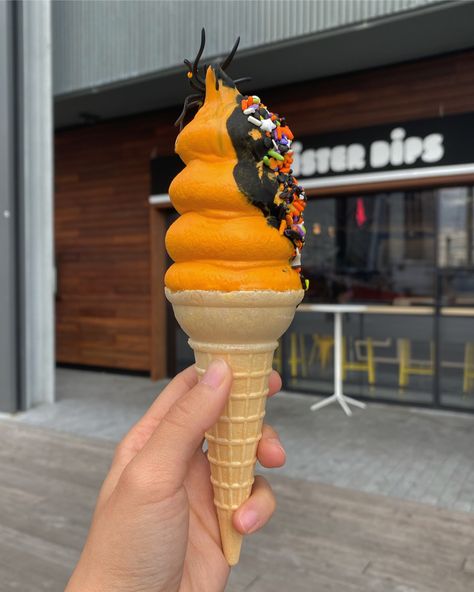 Halloween themed soft serve in New York. It’s orange soft serve dipped slightly in chocolate with a small fake spider as decoration York City, New York City, My Favorite, Ice Cream, New York, Cream