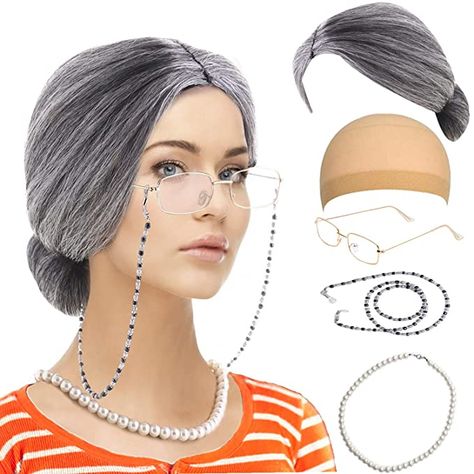 Granny Wig, Granny Costume, Granny Glasses, Diy Group Halloween Costumes, Chain Pearl Necklace, Halloween Costum, Old Lady Costume, Eyeglass Chains, Cute Group Halloween Costumes