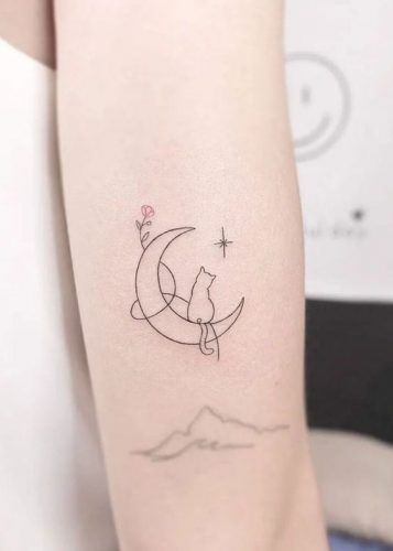 17 Line Art Cat Tattoo Ideas - besttattoo.wiki - Unveiling Exquisite Ink Art Cat Moon Tattoo Designs, Magic Cat Tattoo, Passed Cat Tattoo, Cat Memorial Tattoo Ideas, Tattoo Ideas Female Cat, Cat Couple Tattoo, Cat Space Tattoo, Ragdoll Cat Tattoo, Luna Cat Tattoo