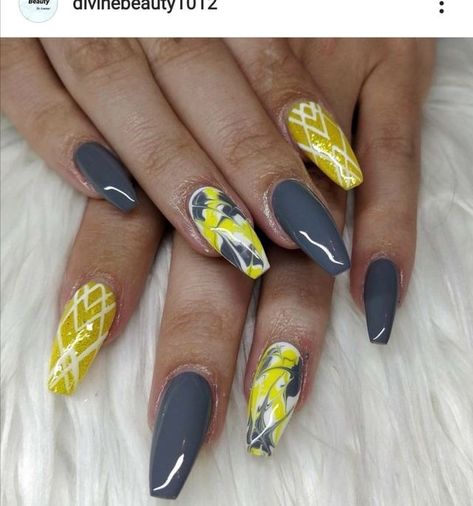 Grey Nails, Yellow Marble, Gray Nails, Acrylic Nails Coffin Short, Yellow Grey, Acrylic Nails Coffin, Yellow Nails, Grey Marble, Coffin Nails