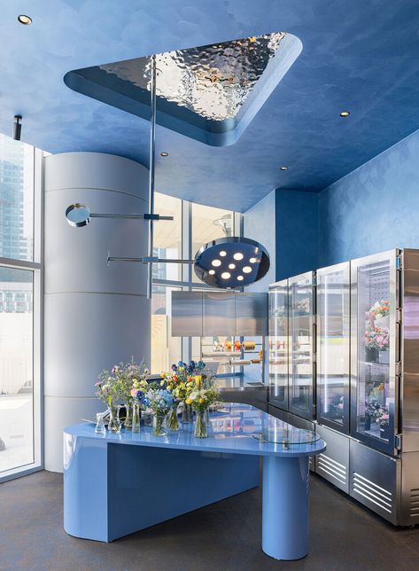 Narrow Retail Store Design, Stone Island Store, Sky Blue Paint, Flower Shop Interiors, Silver Curtains, Laboratory Design, Retail Concepts, Flower Boutique, Flower Store