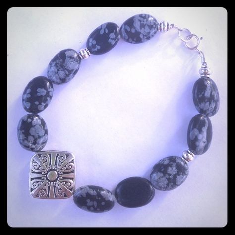 Natural Snowflake Obsidian Let it snow with these gorgeous snowflake stone  with antique silver plated in the middle with sterling silver clasp. Cindylou's Design Jewelry Snowflake Obsidian, Design Jewelry, Let It Snow, Black Silver, Antique Silver, Silver Plated, Jewelry Design, Designer Handbags, Sterling Silver