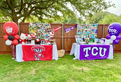 Graduation Party Seating, Combined Graduation Party Ideas, College Balloons, Table Balloons, Grad Table, Senior Table, Party Captions, College Bed, Grad Party Theme