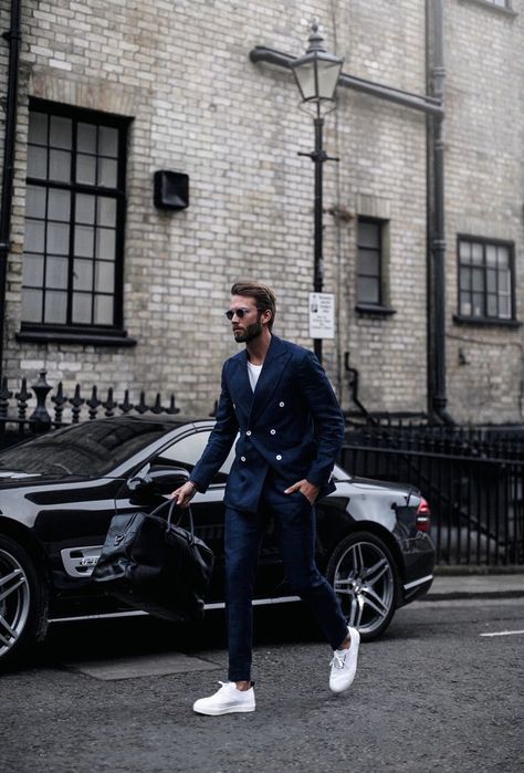 Sneakers With A Suit: The New Norm of Men’s Business Style – MANNER Erik Forsgren, Double Breasted Suit Men, Suits And Sneakers, Fashion Blogs, Mens Fashion Blog, Mens Fashion Classy, Mens Fashion Suits, 인물 사진, Sneakers Outfit