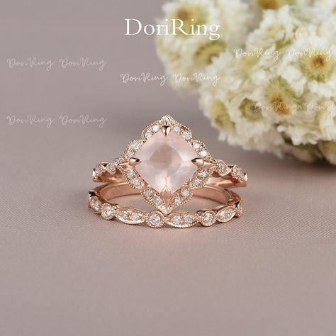 Cushion Cut Bridal Set, Rose Quartz Engagement Ring, Raw Stone Engagement Rings, Rose Quartz Ring Engagement, Cushion Cut Wedding Rings, Rose Gold Bridal Set, Crystal Engagement Rings, Gold Bridal Set, Pink Engagement Ring