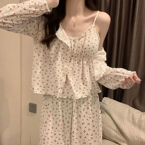 Siensien - Pajama Set: Printed Camisole Top + Light Jacket + Pants | YesStyle Feminine Skills, Invierno Aesthetic, Feminine Outfit Ideas, Cute Pajama Set, Korean Pajamas, Pink Korean, Pajamas Aesthetic, Coquette Outfits, Pajama Outfit