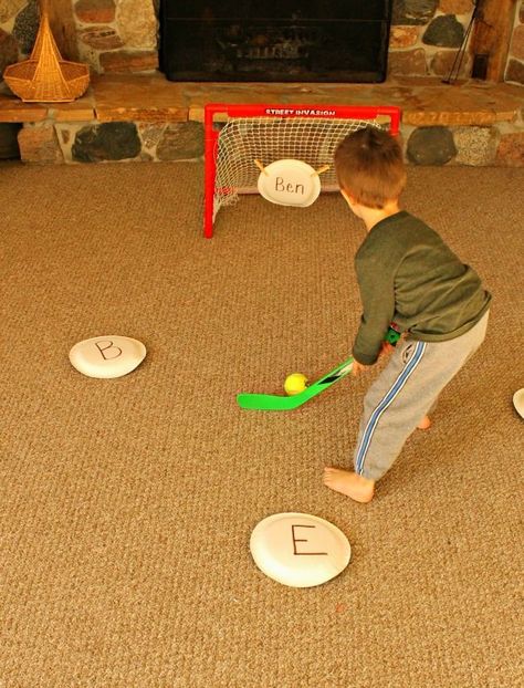 A great way to practice letters with hockey! Practice the alphabet, sight words, a name, or anything with this great game for busy kids! Name Activities For Preschoolers, Winter Centers, Artsy Crafts, Name Crafts, Activities For Preschoolers, Name Activities, Gross Motor Activities, Doreen Virtue, Winter Preschool