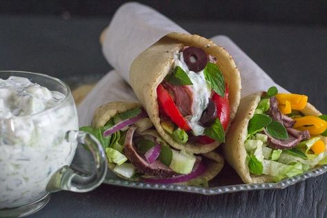 Low FODMAP Lamb Gyros with Feta Tzatziki Authentic Tzatziki Sauce Recipe, Greek Meals, Greek Goodness, Greek Chicken Gyros, Easy Greek Chicken, Greek Pita Bread, Gyros Recipe, Greek Tzatziki, Chicken Gyro Recipe