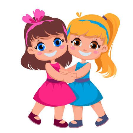 Girlfriends hug. Children s friendship. Vector illustration in cartoon style. Two beauty sisters in beautiful dresses. Girl With Pigtails, Showing Respect, Comic Book Pages, Birthday Balloon Decorations, Cute Love Wallpapers, Portrait Girl, Cartoon Style, Love Wallpaper, Royalty Free Photos