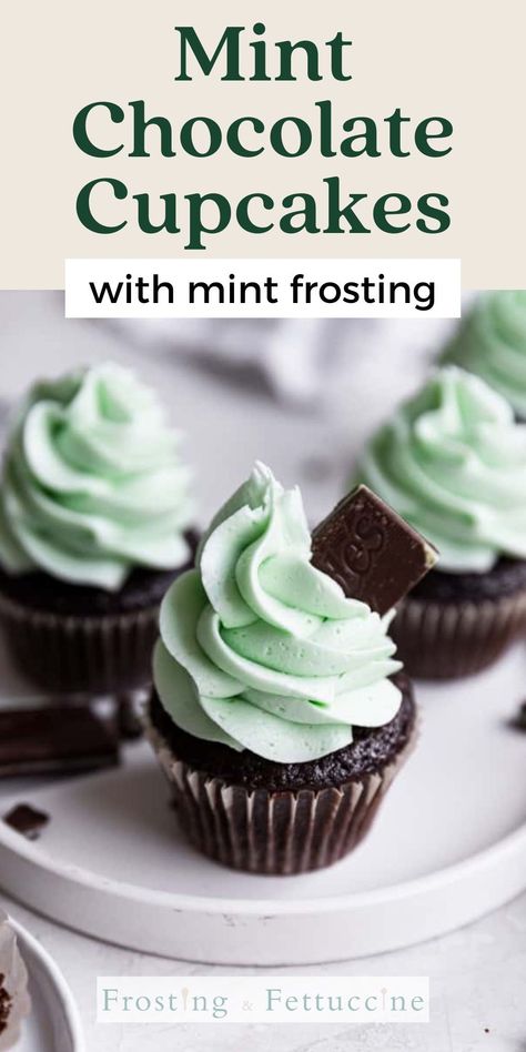 These mint cupcakes have a fluffy chocolate cupcake base and are topped with a cool mint buttercream frosting. They are a super easy and fun mint dessert for St. Patrick's Day or anytime! Mint Buttercream Frosting, Mint Chocolate Chip Cupcakes, Mint Dessert, Mint Buttercream, Mint Chocolate Cupcakes, Mint Frosting, Mint Desserts, Chocolate Chip Cupcakes, Mint Chip Ice Cream