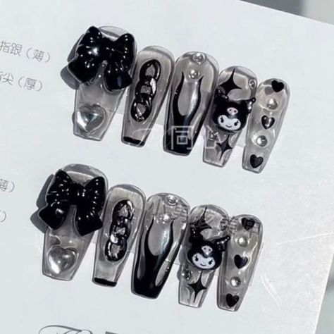 Hello kitty nails art Kawaii nails Diy rhinestone nails Subtle nails Dark nail art Bling nails Kuromi Nails Acrylic Black, Sanrio Nails Acrylic Kuromi, Kumori Nails, Dark Hello Kitty Nails, Black Kuromi Nails, Nail Drawing Art, Kuromi Inspired Nails, Kuromi Nail Designs, Kuromi Acrylic Nails