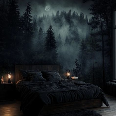 Dark Forest Home Aesthetic, Forest Bedroom Theme, Dark Forest Bedroom Aesthetic, Dark Forest Bedroom, Forest Bedroom Aesthetic, Forest Theme Bedroom, Forest Bedroom Ideas, Woodland Bedroom, Forest Bedroom