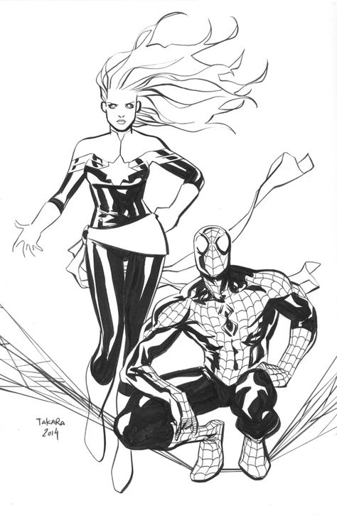 Captain Marvel and Spider-Man by Marcio Takara * Marcio Takara, Marvel Spider Gwen, Comic Book Art, Superhero Team, Comic Style Art, Fantasy Comics, Spider Gwen, Comic Style, Ms Marvel