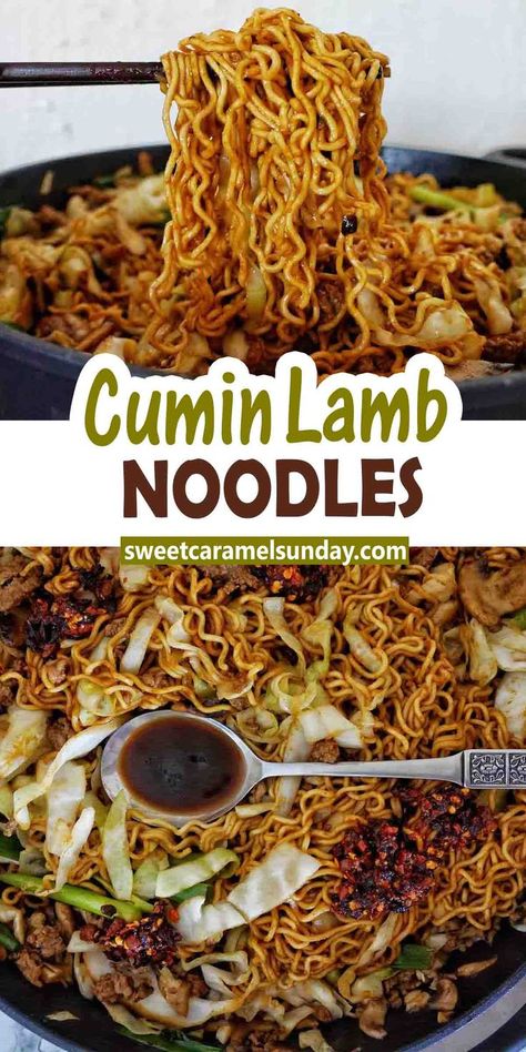 Cumin Lamb Noodles are quick and easy to make! Packed with vegetables, smothered in a hoisin soy sauce they are take out food that can be cooked at home. #easyrecipe @sweetcaramelsunday Cumin Lamb Noodles, Lamb Noodles, Take Out Food, Cumin Lamb, Noodle Dinner, Spicy Meatballs, Bear Recipes, Chicken Main Dishes, Entree Recipes