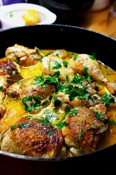 Drunken Chicken in Cider, Chicken fricassee recipe, chicken in cider dinner, chicken in cider recipe Greek Halva, Cider Chicken, Dairy Free Pudding, Halva Recipe, Drunken Chicken, Greek Dessert, Greek Recipes Dessert, Fondant Potatoes, Chicken Fricassee