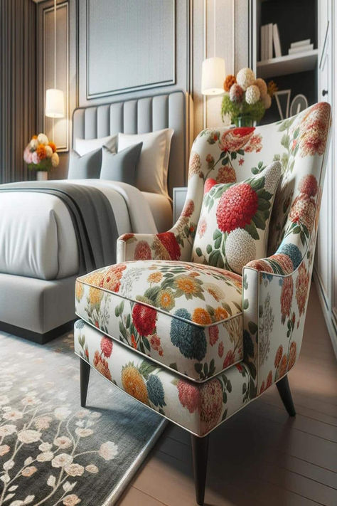 Colorful patterned accent chair in a bedroom corner, brightening up our collection of bedroom chair ideas. Vintage Accent Chairs For Bedroom, Nook Chair, Bedroom Chair Ideas, Floral Accent Chair, Reading Nook Chair, Plush Armchair, Comfy Reading, Upholstery Ideas, Floral Chair