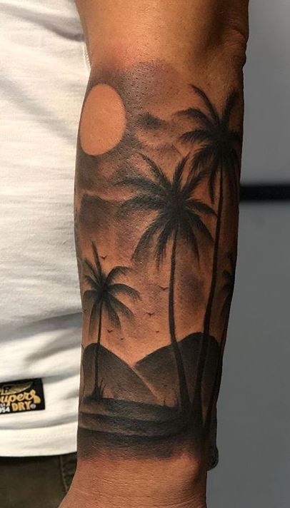 Palm Tree Chest Tattoo, Palm Tree Sleeve Tattoo For Men, Trees Tattoos For Women, Wisdom Tattoo Men, Palm Tree Tattoos Men, Palm Trees Tattoo Men, La Palm Tree Tattoo, Palm Tree Leg Tattoo, Palm Tree Sleeve Tattoo