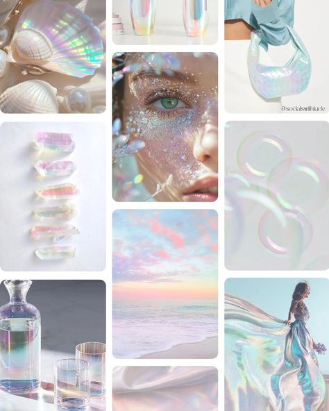 Hello Iridescent 🫧✨️ This #moodboard is just oh so pretty! 😍 With its play of lustrous colours, shifting and changing with ever angle - it's no wonder we're all so mesmerized by it. Did you know iridescent is derived from Greek goddess 'Iris' who was the goddess of rainbows & would act as a messenger of the gods??!! Yeah - this is one pretty packed pallet! If you are inspired by these dreamy colours, flip to the second slide to make it part of your branding! Let me know what you think o... Iridescent Colour Palette, Iridescent Branding, Goddess Iris, Moodboard Branding, Social Media Strategist, Guiding Light, Insta Feed, Social Media Branding, Greek Goddess