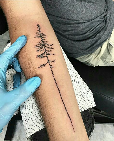 Small Nature Tattoos Men, Long Leaf Pine Tattoo, Small But Meaningful Tattoos, Outdoorsy Tattoos, Alpha Tattoo, Tree Line Tattoo, Straight Line Tattoo, Geometric Tattoo Tree, Forest Forearm Tattoo