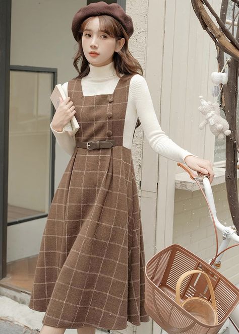 Belted Plaid Pinafore Dress (3 Colors) Modern Dark Academia Fashion, Wool Pinafore, Academic Chic, Academia Dress, Dark Academia Dress, Sweater Square, Cottage Fashion, Midi Pinafore Dress, Academic Style