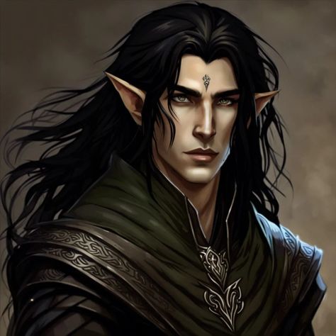 Create Something Amazing - NightCafe Creator Long Hair Elf Male, Black Haired Fae Male, Dark Elf Black Hair, Male Elf Black Hair, Black Haired Elf Male, Eladrin Elf Male, Elf With Black Hair, Dark Haired Elf, Long Black Hair Men