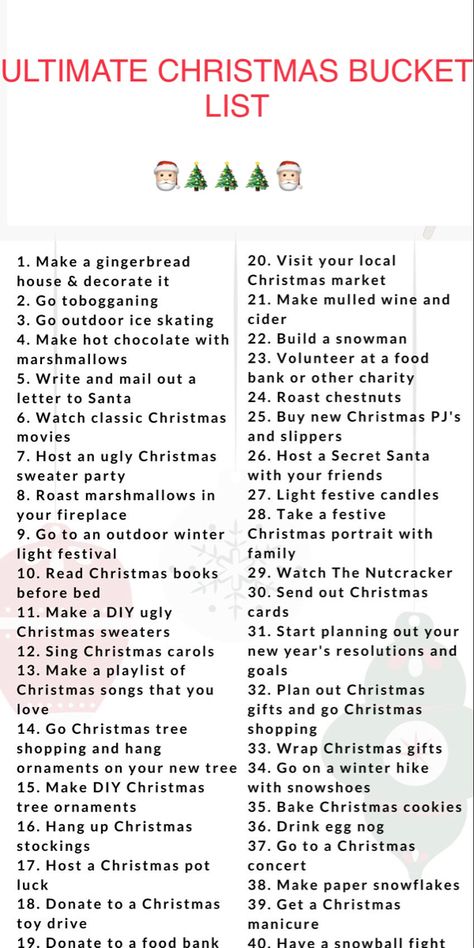 Christmas Itenary, How To Feel More Christmassy, How To Feel Christmassy, Things To Do To Get In The Christmas Spirit, Christmas Todo List, Christmas Ideas To Do With Friends, Christmas List Ideas 2023, Classic Christmas Aesthetic, Things To Do Christmas