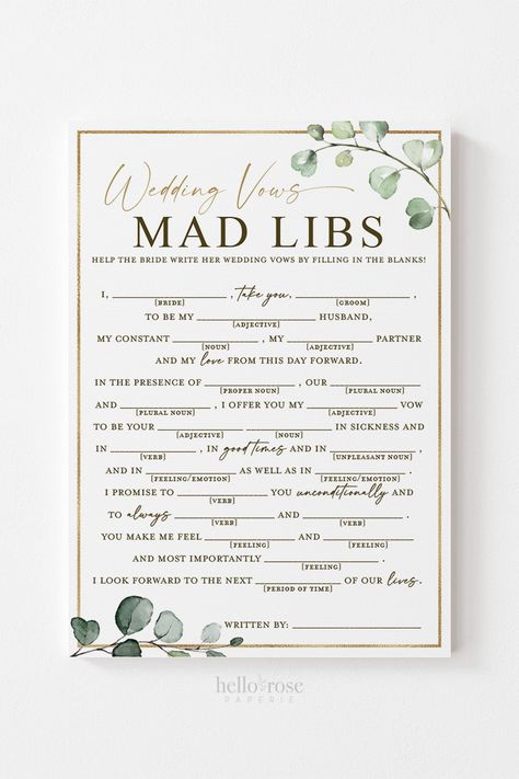 Wedding Vows Mad Libs Fun Bridal Shower Printable Game . Greenery and Gold . Rehearsal Dinner Hens Bachelorette Party . Instant Download G2 #etsy #bridalshower #bridalshowergame #bridalgamedownload #floralandgreenery #eucalyptusandroses #greeneryandgold #watercolorgreenery #bohorusticgames #funbridalgames #madlibsgame #weddingvowsmadlibs Bridal Gift Box, Reception Games, Bridal Party Games, Bridal Shower Inspo, Fun Bridal Shower Games, Bridal Shower Activities, Couples Bridal Shower, Gold Printable, Bridal Shower Planning