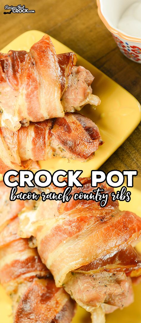 Our Crock Pot Country Ribs are fall apart tender and packed full of flavor. Wrapped in bacon and slow cooked all day, these ranch flavored country ribs are a family favorite low carb recipe. Crock Pot Country Ribs, Ribs Crock Pot, Brunch Ideas For A Crowd, Country Ribs, Ideas For Brunch, Bbq Recipes Ribs, Easy Family Dinner Recipes, Best Slow Cooker Recipes, Crock Pots