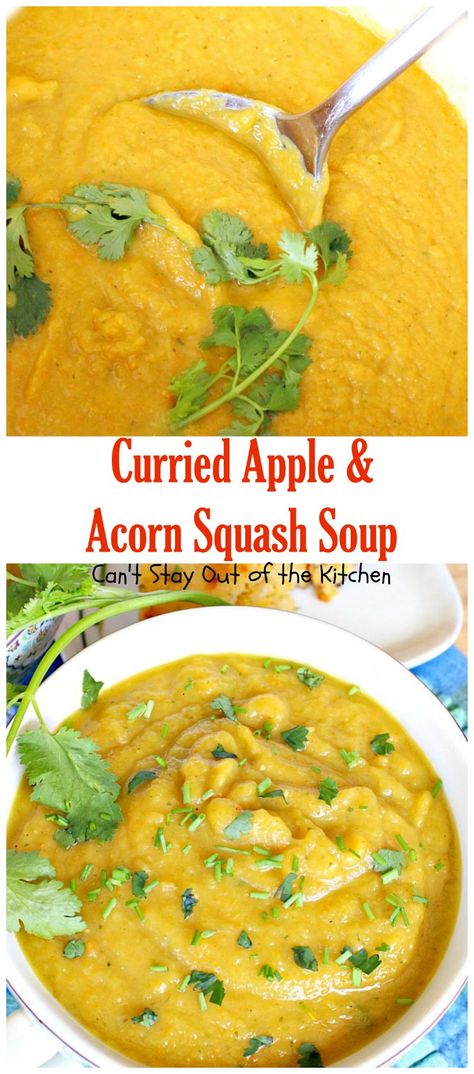 Curried Apple and Acorn Squash Soup | Can't Stay Out of the Kitchen | this mildly hot & spicy #soup is so delicious. #Apples & #acornsquash make it an incredibly tasty comfort food. Spicy Soups, Acorn Squash Roasted, Spicy Soup Recipes, Acorn Squash Soup, Vegan Butternut Squash Soup, Monday Recipes, Indian Soup, Apple Soup, Spicy Soup