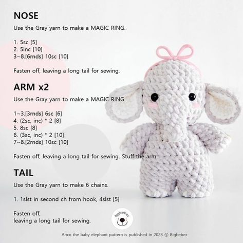 Free pattern @bigbebez 🌻 . Please don’t forget to tag and follow the designer of the pattern when publishing your works… | Instagram Animal Features, Crochet Elephant Pattern, Crochet Tutorial Pattern, Easy Crochet Animals, Beginner Crochet Tutorial, Quick Crochet Patterns, Pola Amigurumi, Crochet Animals Free Patterns, Crochet Business